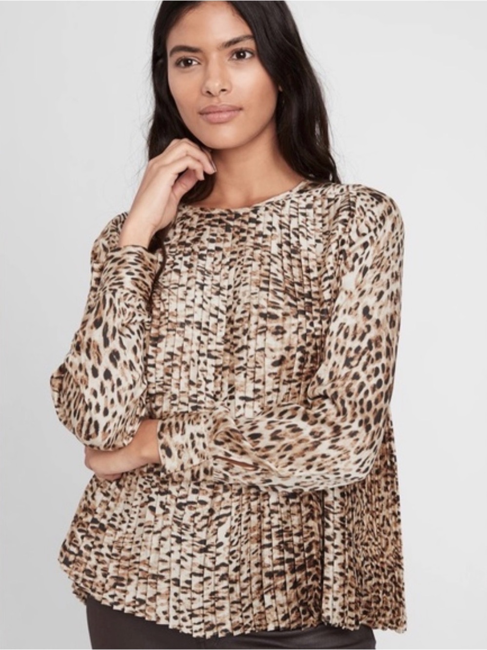 Banana Republic Pleated Long Sleeve Leopard Print Top Petite XXS